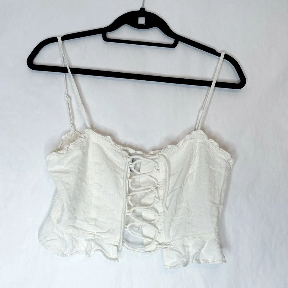 Princess Polly Daphne Linen Spaghetti Strap Ruffle Crop Top in US Size 10